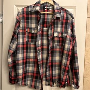 Plaid flannel SZ L asymmetrical pearl snaps
